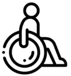 Schwarzweißes Icon einer stilisierten Person, die in einem Rollstuhl sitzt. Das Symbol steht für körperliche Beeinträchtigungen