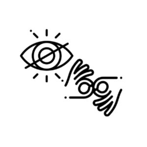 Schwarzweißes Icon mit einem stilisierten Auge, das durchgestrichen ist. Daneben sind zwei Hände dargestellt, die Gebärdensprache zeigen. Das Symbol steht für Sinnesbeeinträchtigungen, zum Beispiel beim Sehen oder Hören.