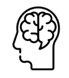 Schwarzweißes Icon eines menschlichen Kopfes im Profil. Im Inneren des Kopfes ist ein stilisiertes Gehirn dargestellt. Das Symbol steht für geistige oder intellektuelle Fähigkeiten beziehungsweise intellektuelle Beeinträchtigungen.