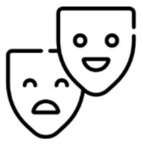 Schwarzweißes Symbol mit zwei Theatermasken. Die vordere Maske lächelt mit offenen Augen, die dahinterliegende Maske zeigt ein trauriges Gesicht mit geschlossenen Augen und nach unten gezogenem Mund. Das Icon steht für unterschiedliche emotionale Zustände psychische Beeinträchtigungen.